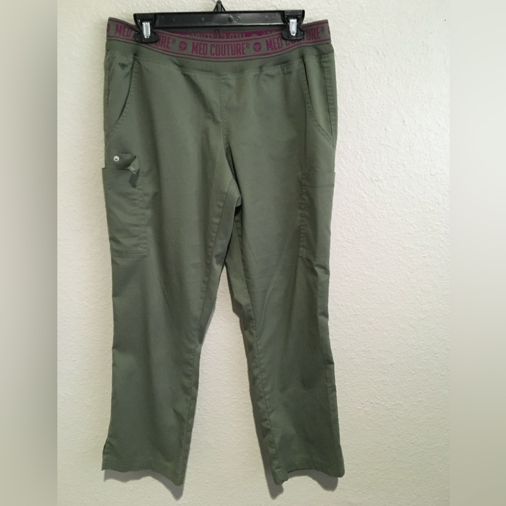 Med Couture Olive Green Straight-Leg Scrub Pants with Branded Waistband